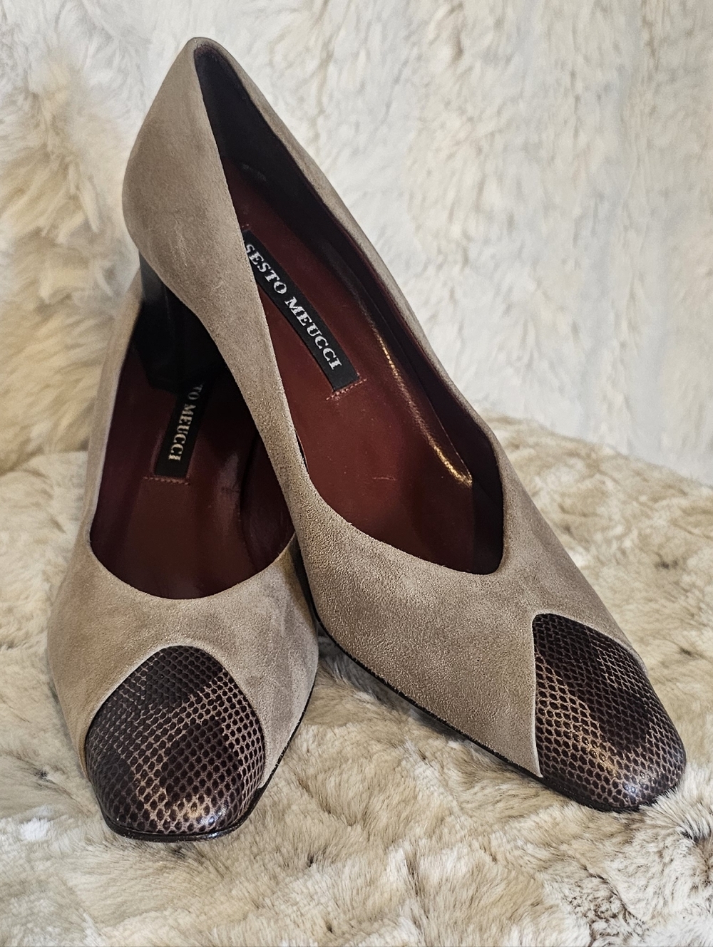 Sesto Meucci Taupe Suede Pumps with Brown Snakeskin Toe